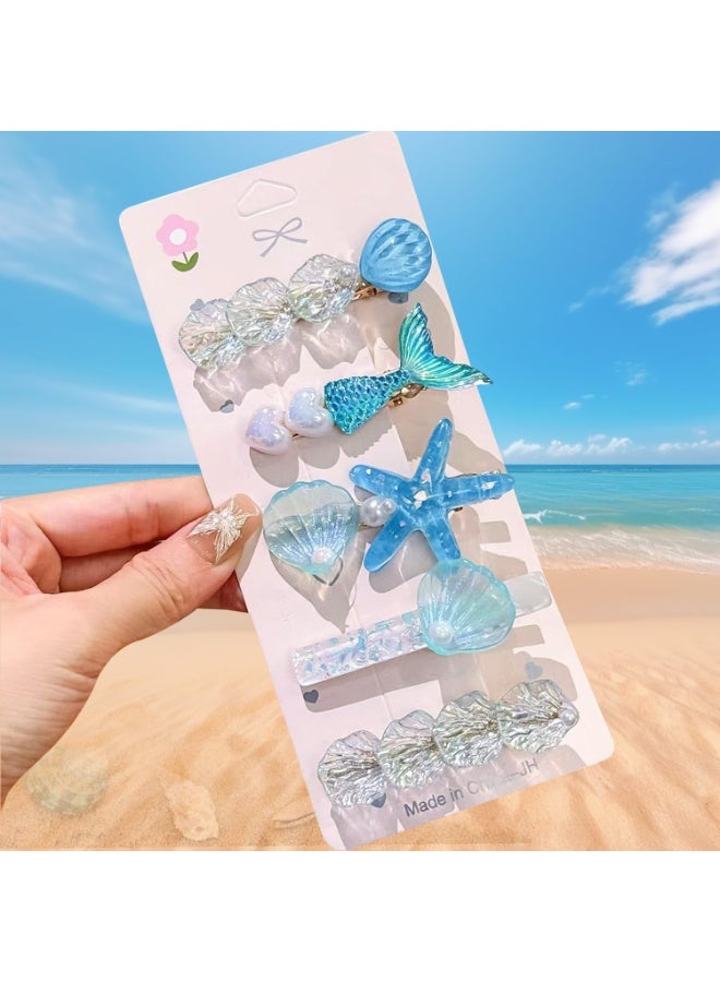 CLENEA 5 Pieces Starfish Seashell Hair Clips, with Sequin Duck Beak Clips, Beach Ocean Hair Accessories, Non-Slip and Non-Hair Damage, for Women and Girls, Blue - Image 2